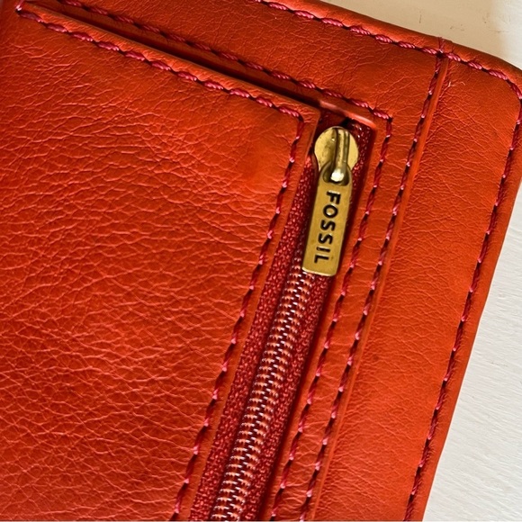 Fossil Orange Cowhide Leather Wallet Bifold Credit Card Zip Compartment Coins - Picture 8 of 15